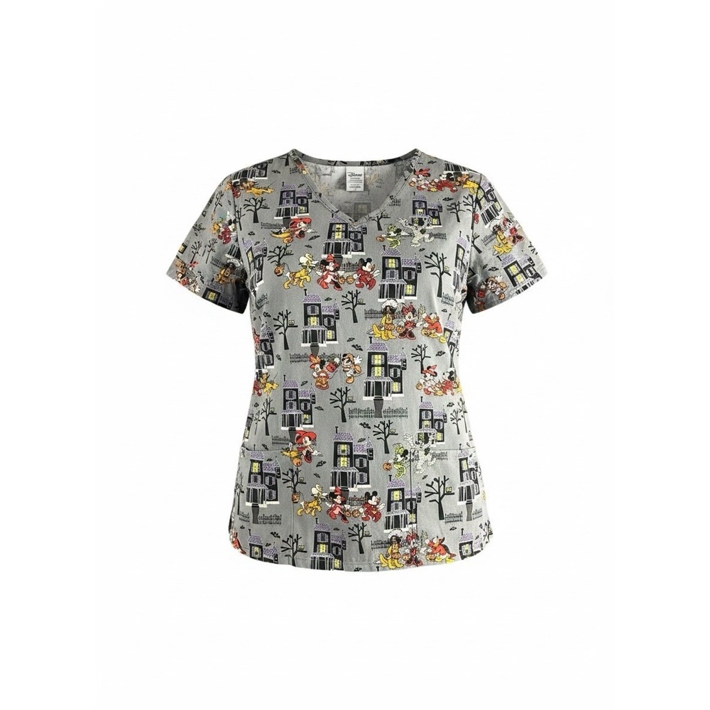 Disney Store Mickey Minnie Donald Goofy Pluto Womens L Halloween Scrub Top